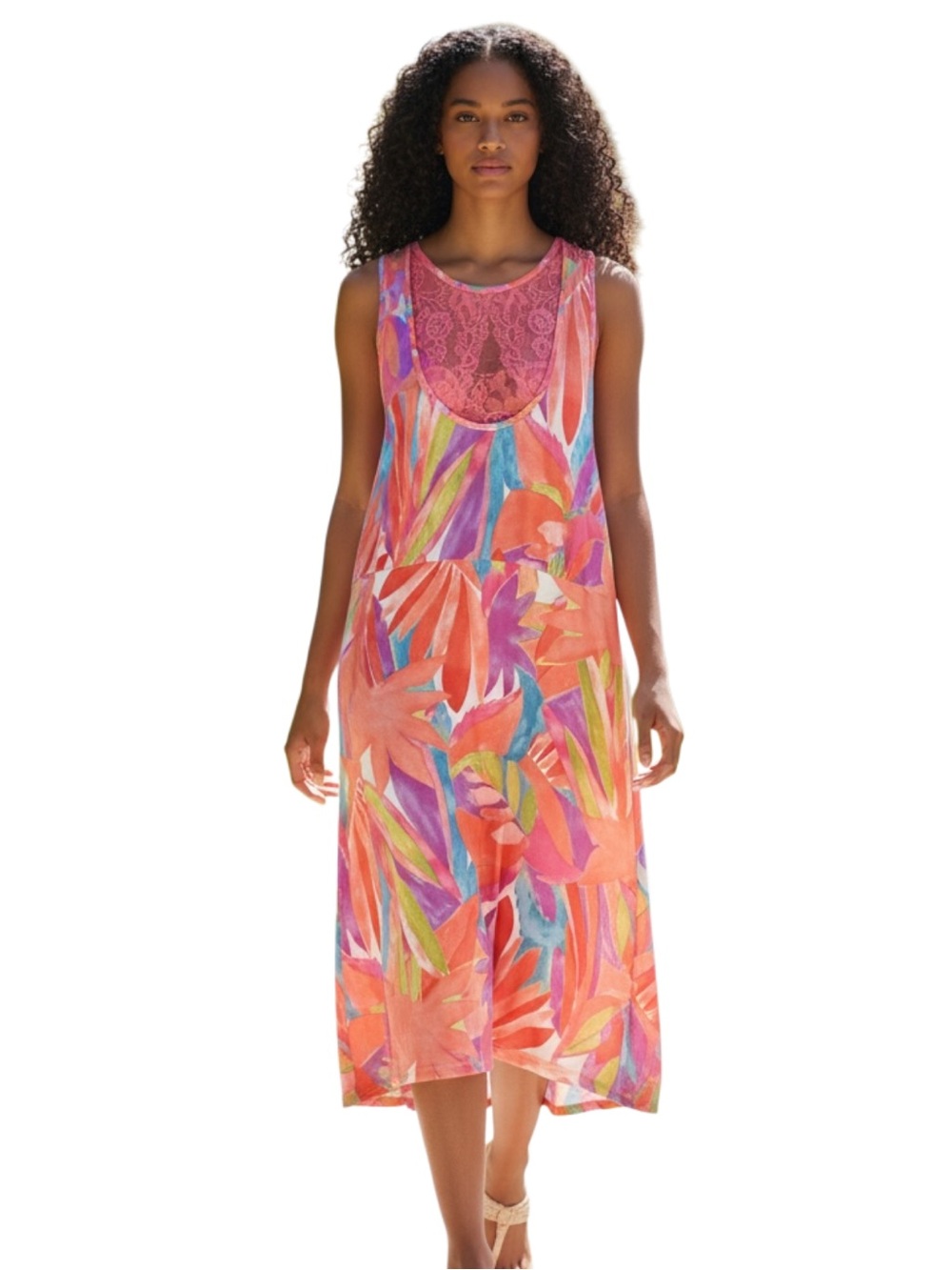 Secret Treasures Coral Multicolor Lace-Front Midi Coverup